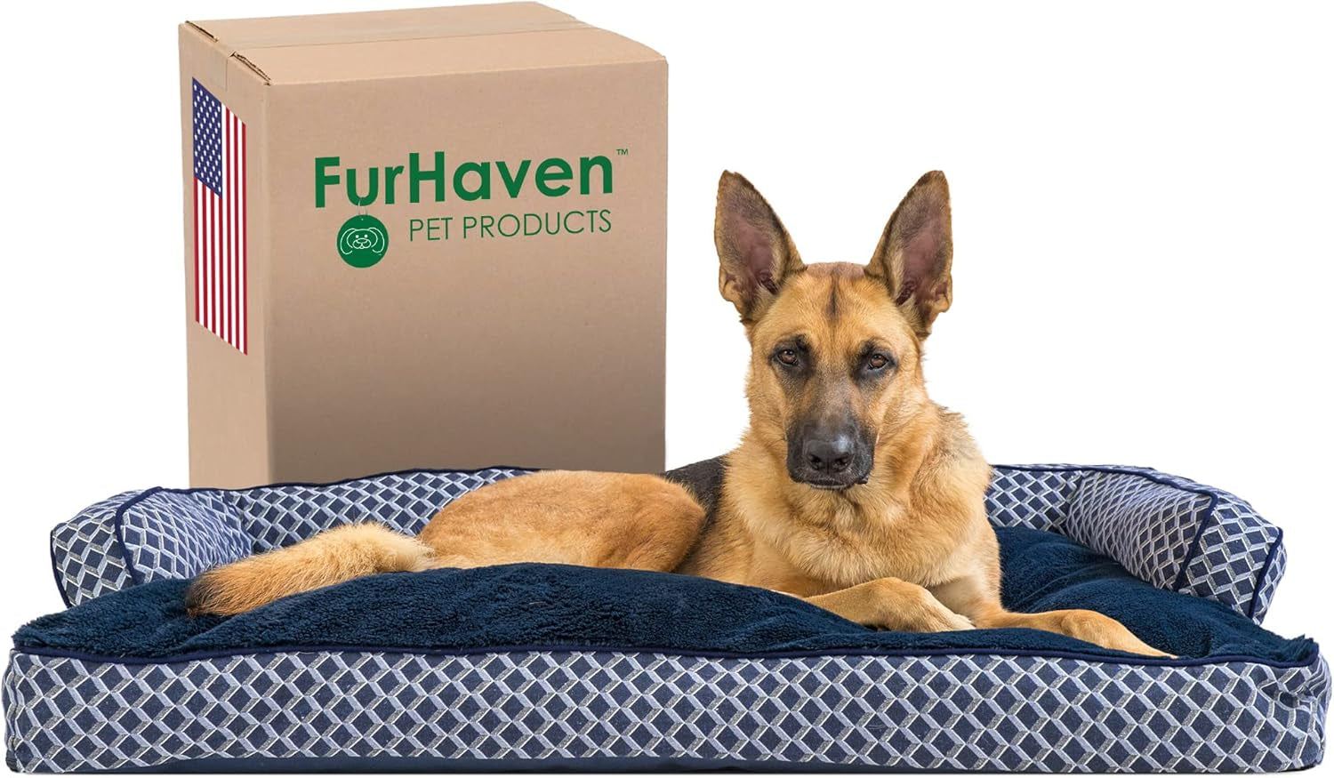 Furhaven Pillow Dog Bed for Large Dogs W/ Removable Bolsters & Washable Cover - Plush & Woven Decor Comfy Couch Sofa - Diamond Blue, Jumbo/Xl