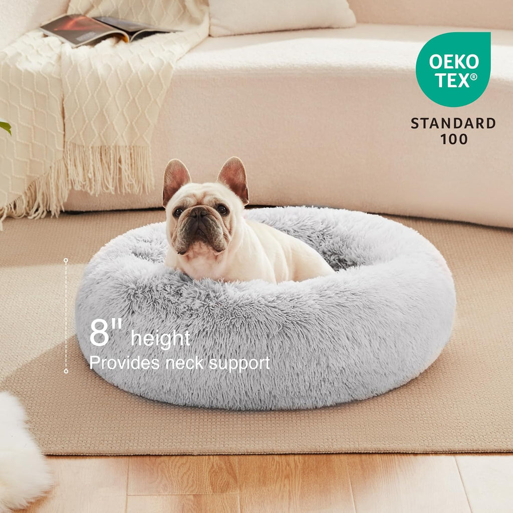 Love'S Cabin Calming Cat Bed for Indoor Cats,Anti-Anxiety Donut round Dog Bed,Fluffy Faux Fur Washable Pet Bed for Small Medium Dogs and Cats,Grey,24In