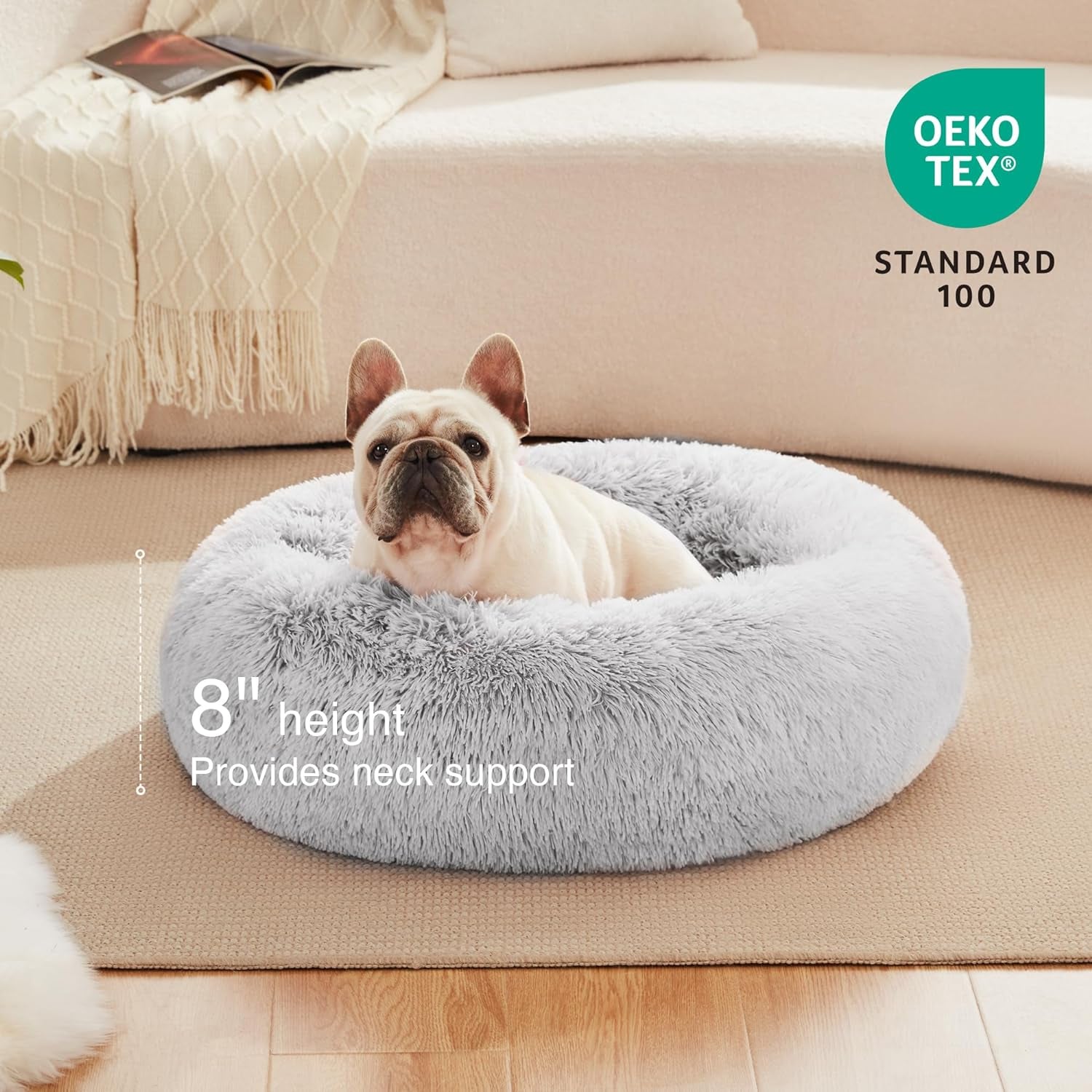 Love'S Cabin Calming Cat Bed for Indoor Cats,Anti-Anxiety Donut round Dog Bed,Fluffy Faux Fur Washable Pet Bed for Small Medium Dogs and Cats,Grey,24In