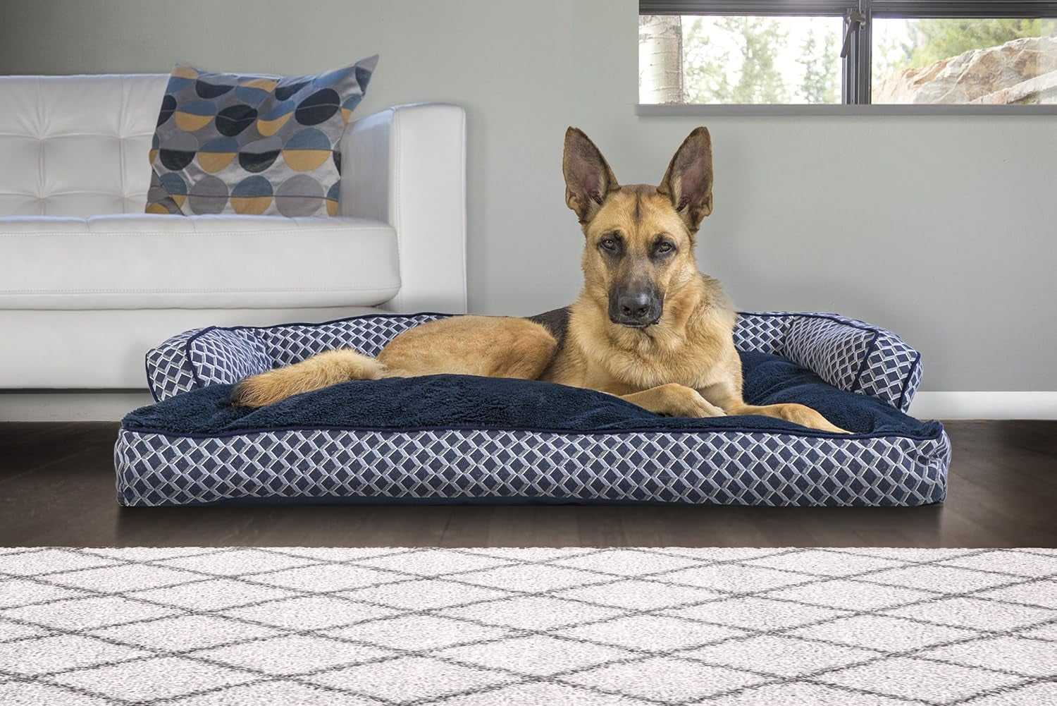 Furhaven Pillow Dog Bed for Large Dogs W/ Removable Bolsters & Washable Cover - Plush & Woven Decor Comfy Couch Sofa - Diamond Blue, Jumbo/Xl